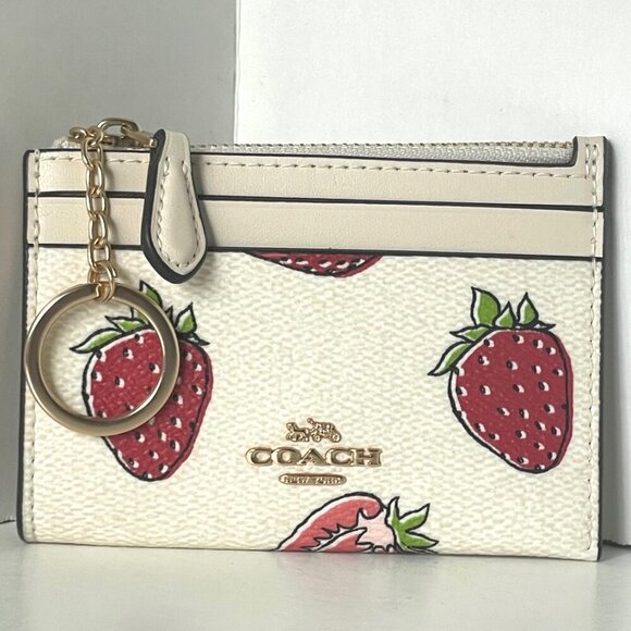 Coach Mini Skinny ID Wallet Strawberry Print Keyring CAR17 Womens White Red - Picture 4 of 10